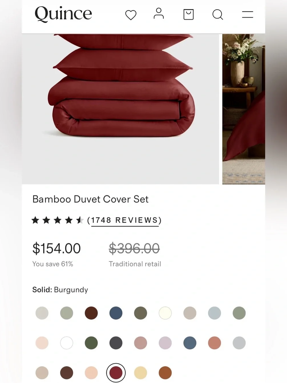 NWOT Quince 3 Piece Organic Bamboo Duvet Cover Set, King/Cal King (Burgundy)